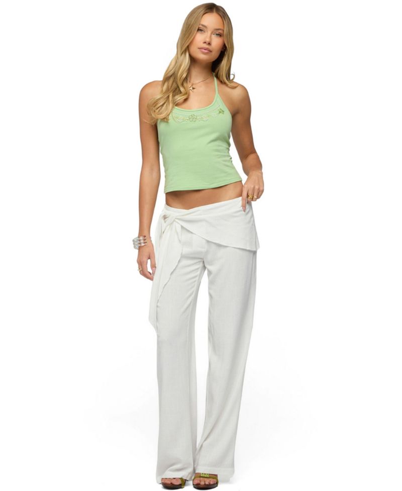 Women's Suki Sarong Belt Low-Rise Wide-Leg Cotton-Linen Blend Pants
