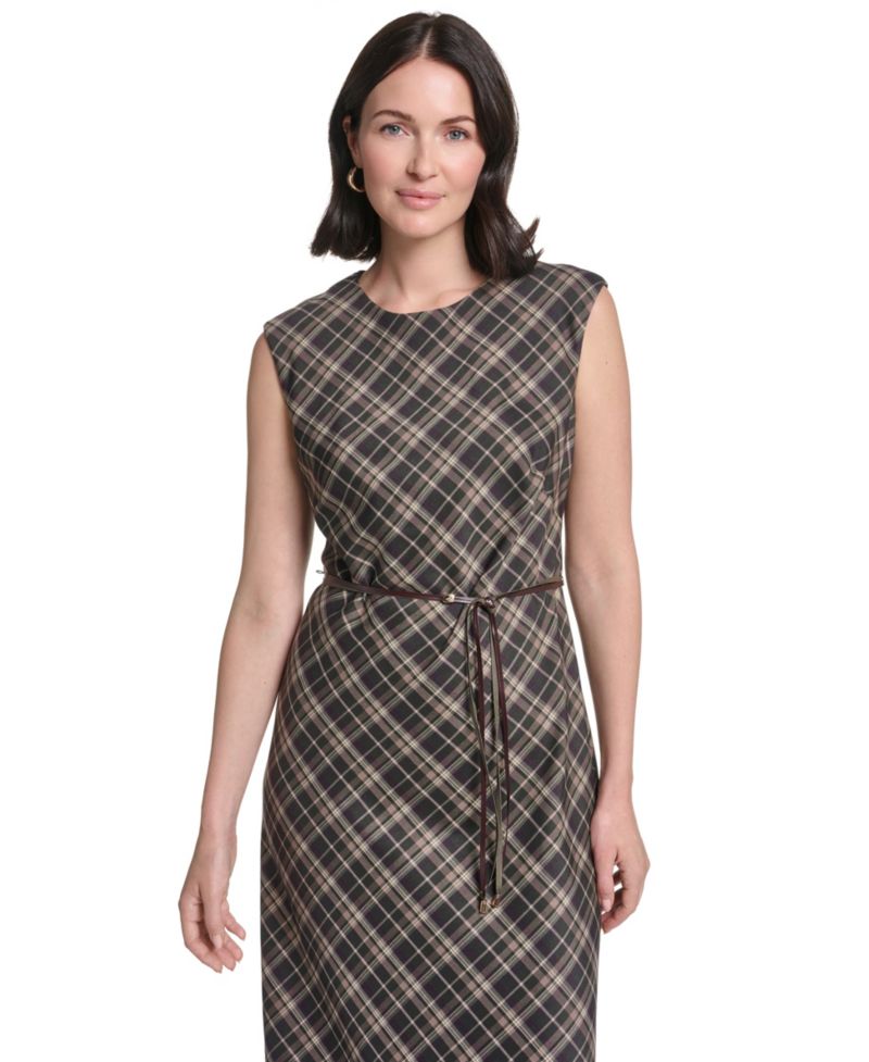Women's Cap Sleeve Bias Plaid Midi Dress