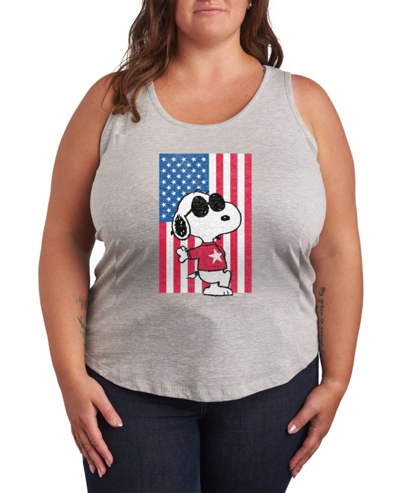 Plus Size Peanuts Snoopy USA Flag Graphic Crew Neck Tank T-Shirt