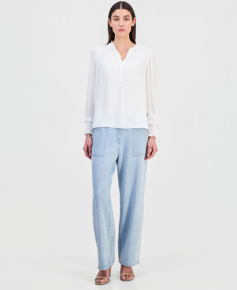 Women's Chiffon Split-Neck Ruffled Blouse