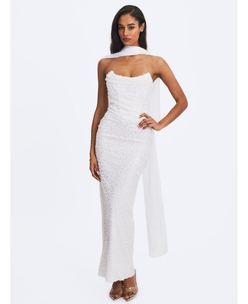 Women's Myra White Beaded Mesh Strapless Wedding Dress