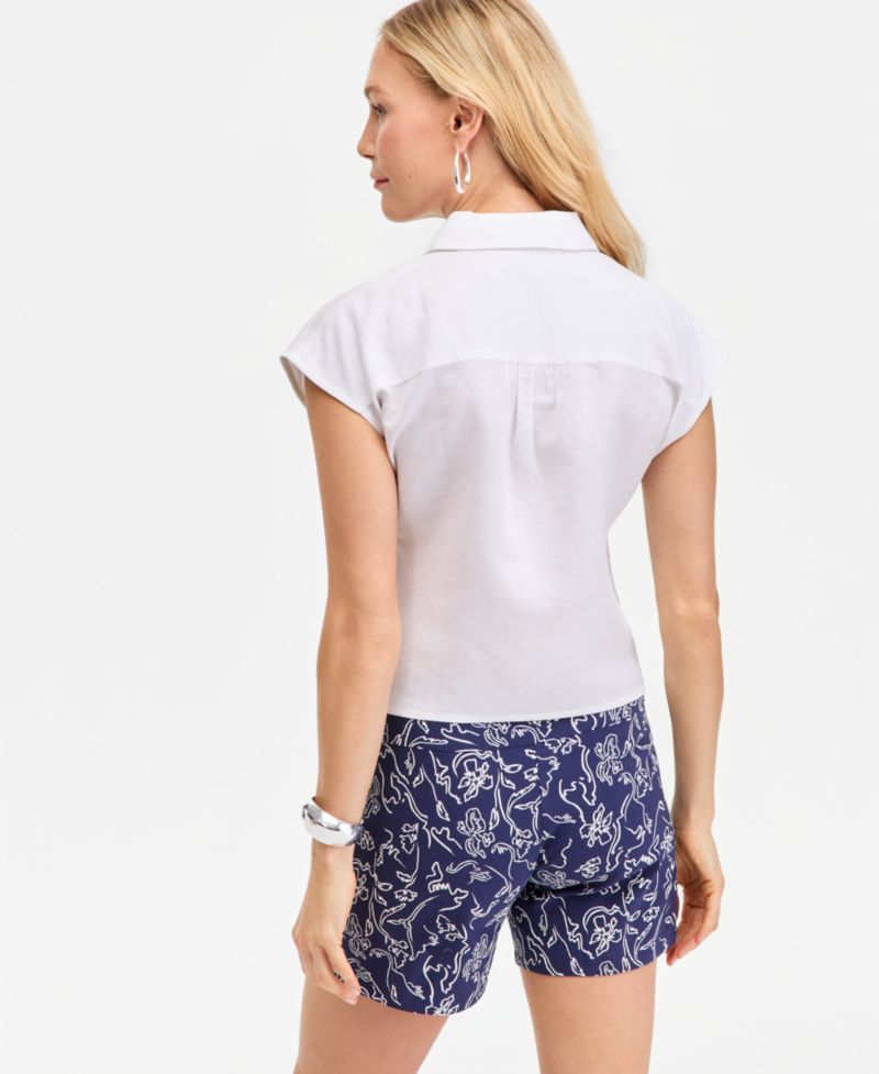 Women's Short Sleeve Linen-Blend Wrap Blouse