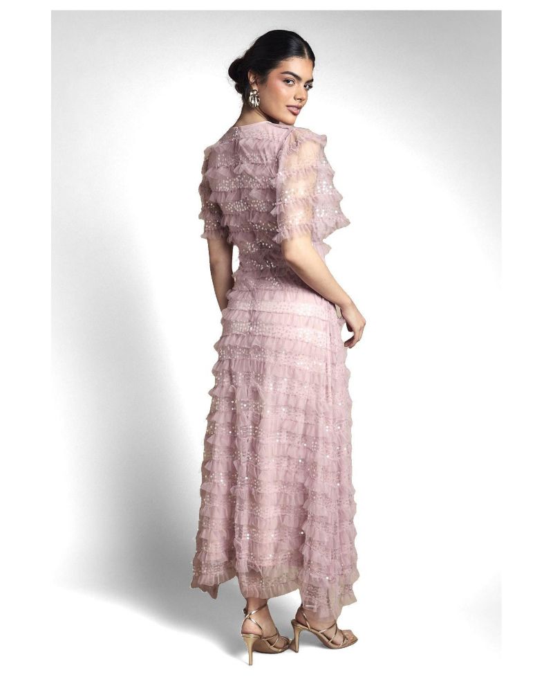 Women's Sequin Ruffle-Detail Short-Sleeve Maxi Dress