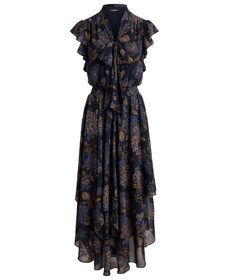 Petite Floral Crinkle Georgette Tie-Neck Midi Dress