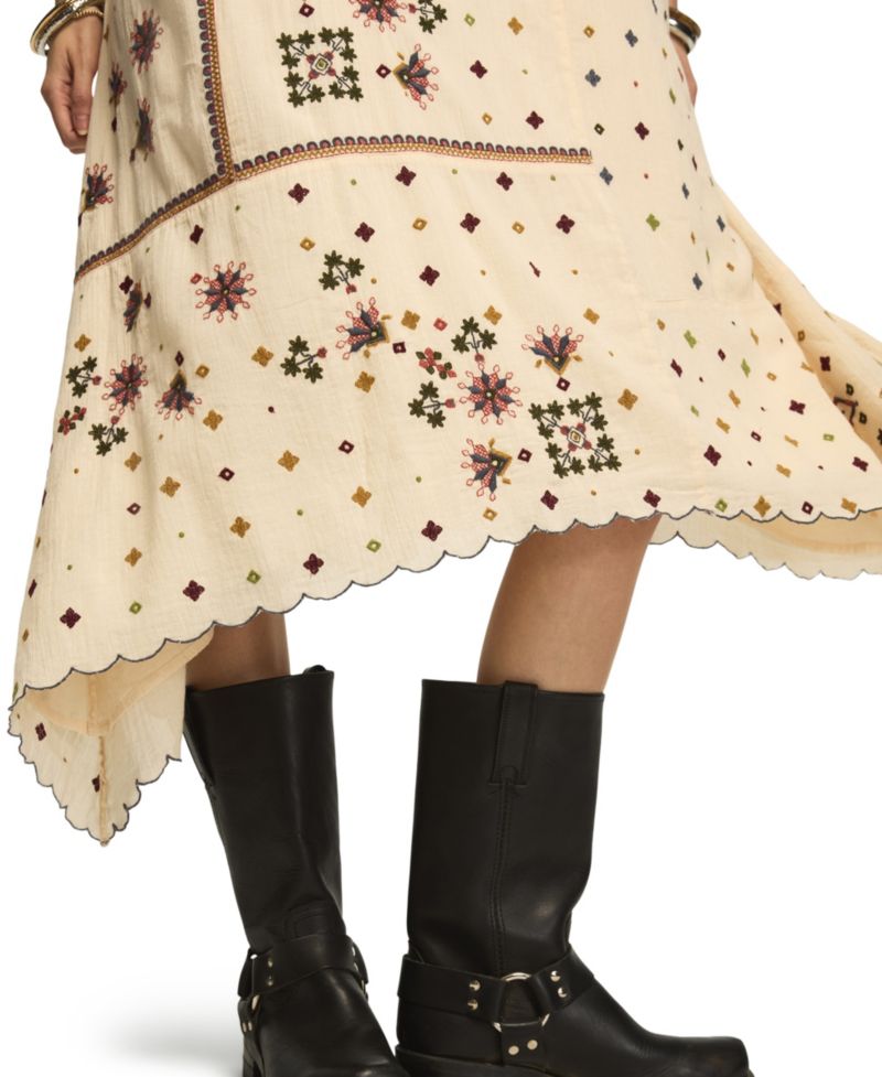Women's Contrast Embroidered Mix Floral Boho Midi Dress