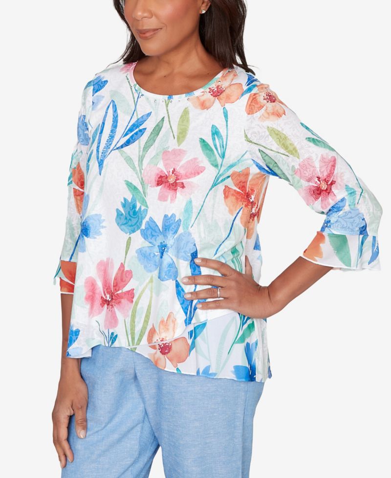 Petite Caribbean Blues Whimsical Flower Bell Sleeve Top
