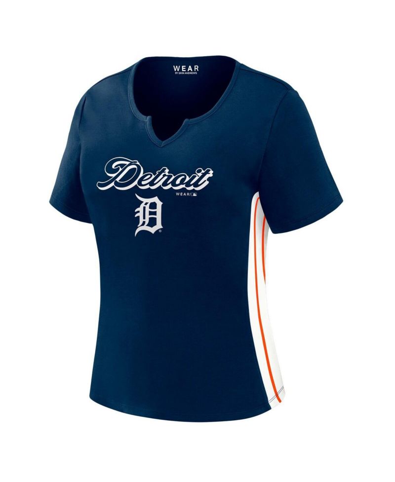 Women's Navy Detroit Tigers Notch Neck Cropped T-Shirt