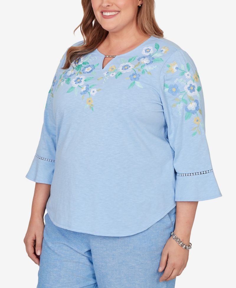 Plus Size Caribbean Blues Floral Embroidered Split Neck Top
