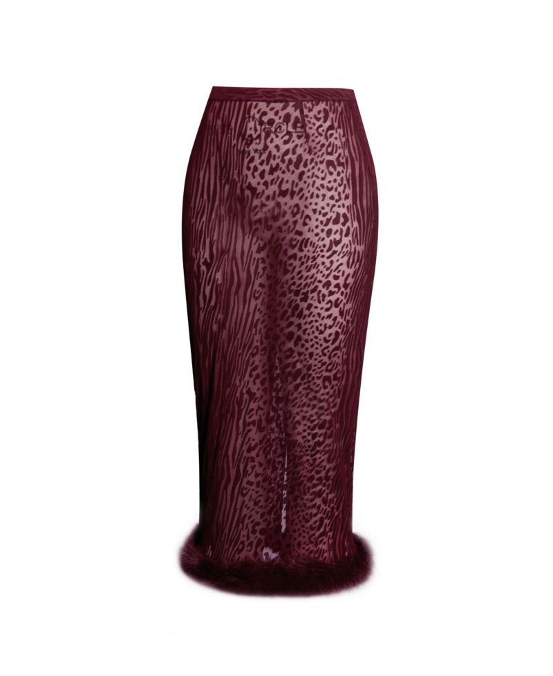 Women's Halia Burgundy Animal Print Burnout Velvet Faux Fur Trim Skirt