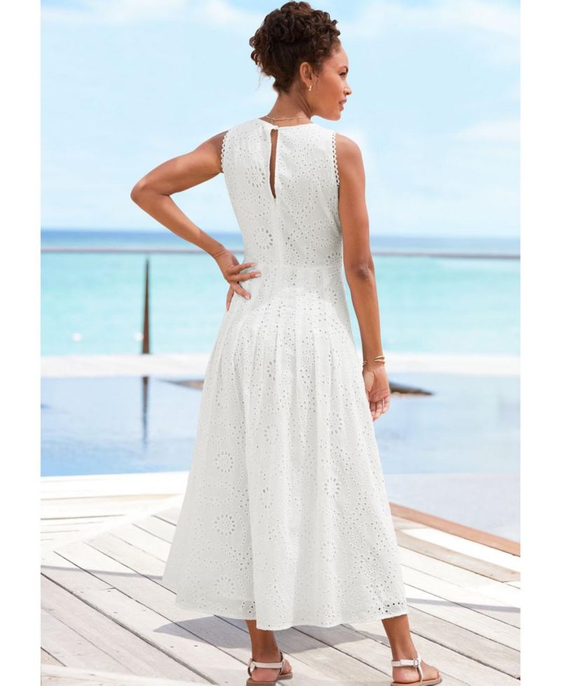 Women's Cotton Sleeveless Eyelet Crochet A-Line Maxi Dress