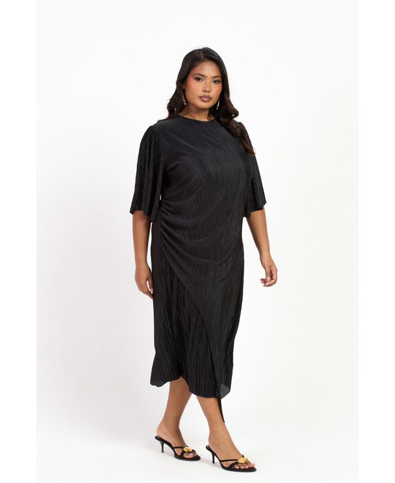 Women's FASHION-SZN Ruched Side Flutter Sleeve Midi Dress