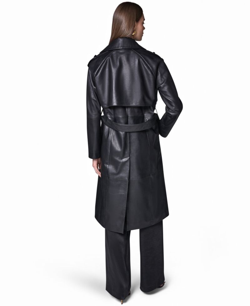 Women's Double Breasted Belted Leather Trench Coat