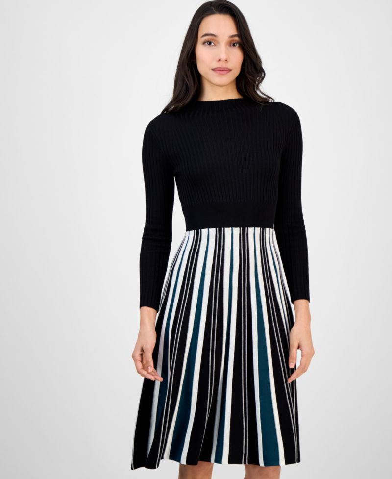 Petite Long-Sleeve Pleated-Skirt Sweater Dress