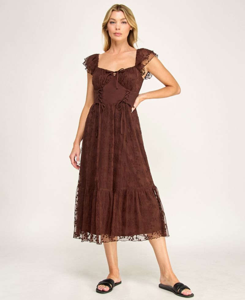 Juniors' Sweetheart-Neck Flutter-Sleeve Lace Midi Dress
