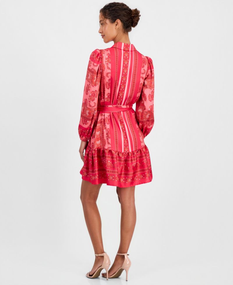 Women's Long-Sleeve Scarf-Print Twill Shirt-Dress
