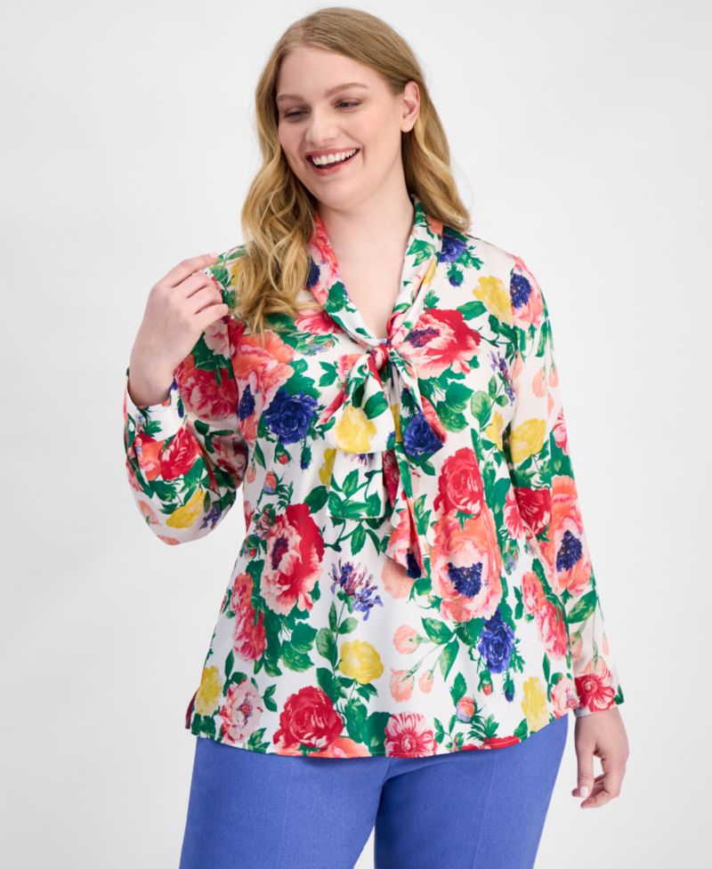 ASL Plus Size Floral Print Tie-Neck Blouse
