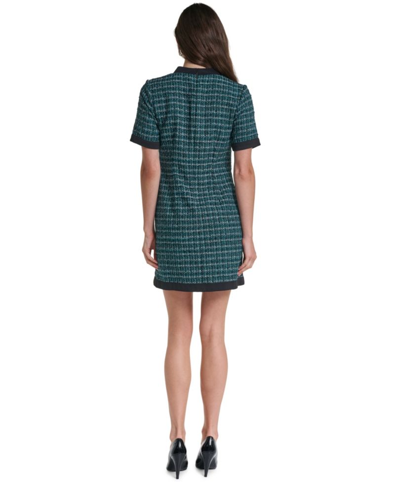 Women's Tweed A-Line With Neck Tie Plaid Short-Sleeve Dress