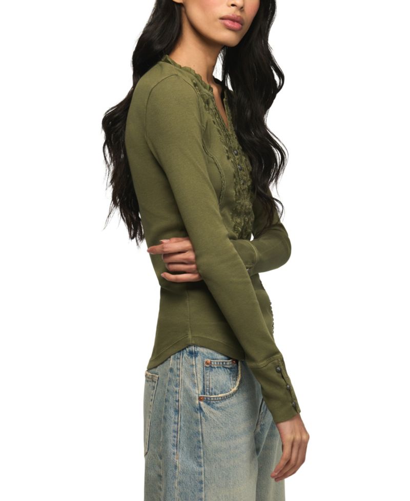 Women's Embroidered V-Neck Long-Sleeve Henley