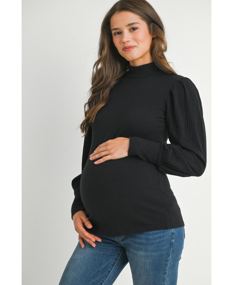 Women's Ribbed Mock-Neck Puff-Sleeve Top