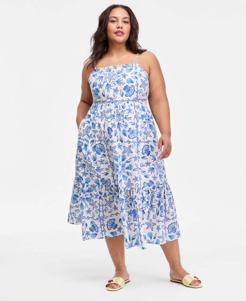 Plus Cotton Poplin Back-Cutout Tiered Midi Dress