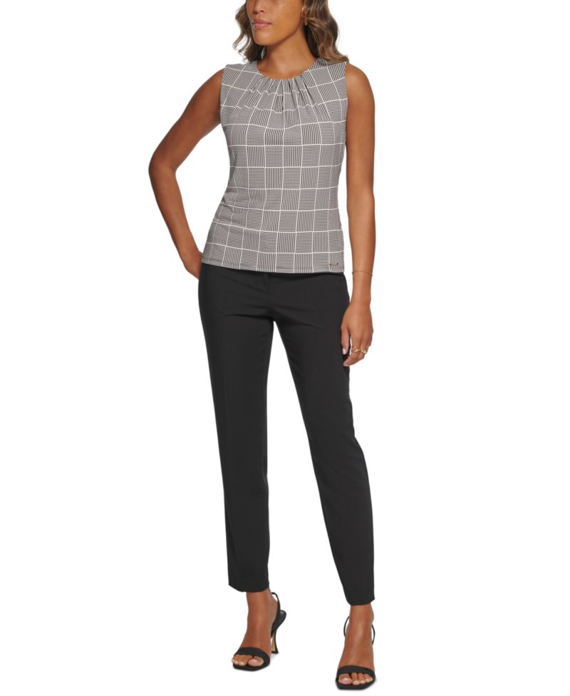 Printed Pleat-Neck Blouse