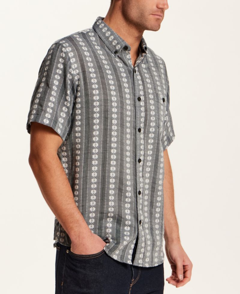 Men's Short-Sleeve Embroidered Flower Striped Shirt