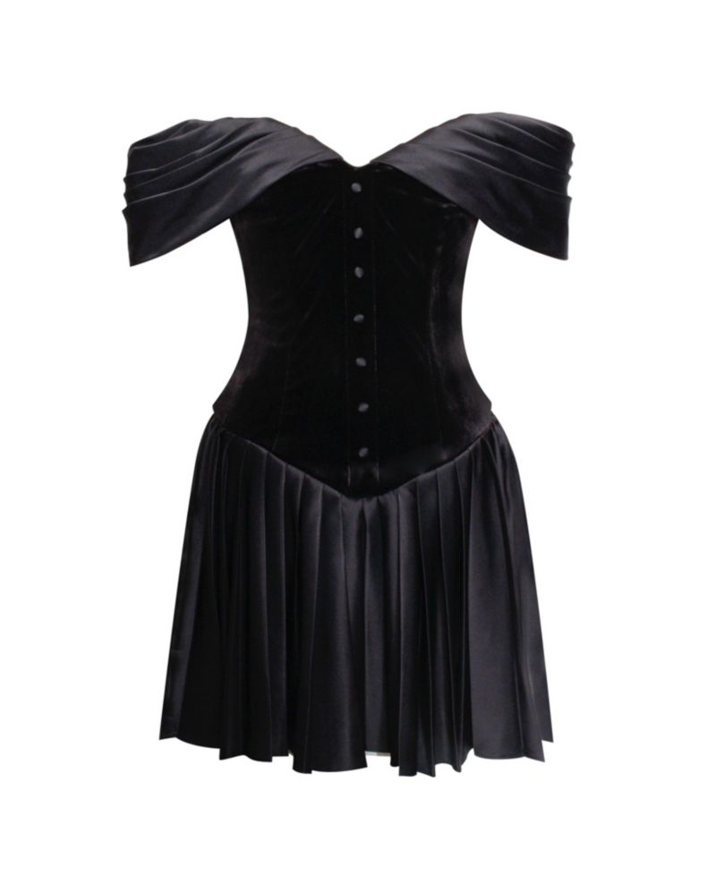 Women's Echo Black Velvet Off-shoulder Pleated Mini Dress
