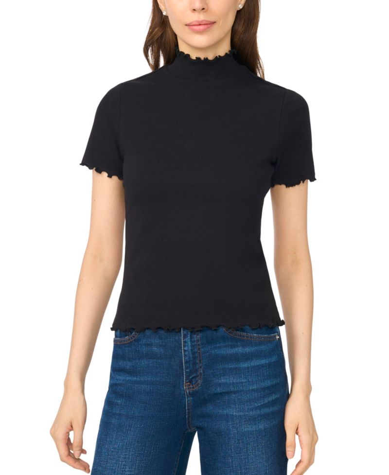 Women's Mock-Neck Short-Sleeve Lettuce-Trim Cotton-Blend T-Shirt