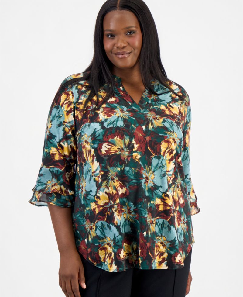 Plus Size Floral-Print Split-Neck Flutter-Sleeve Tunic