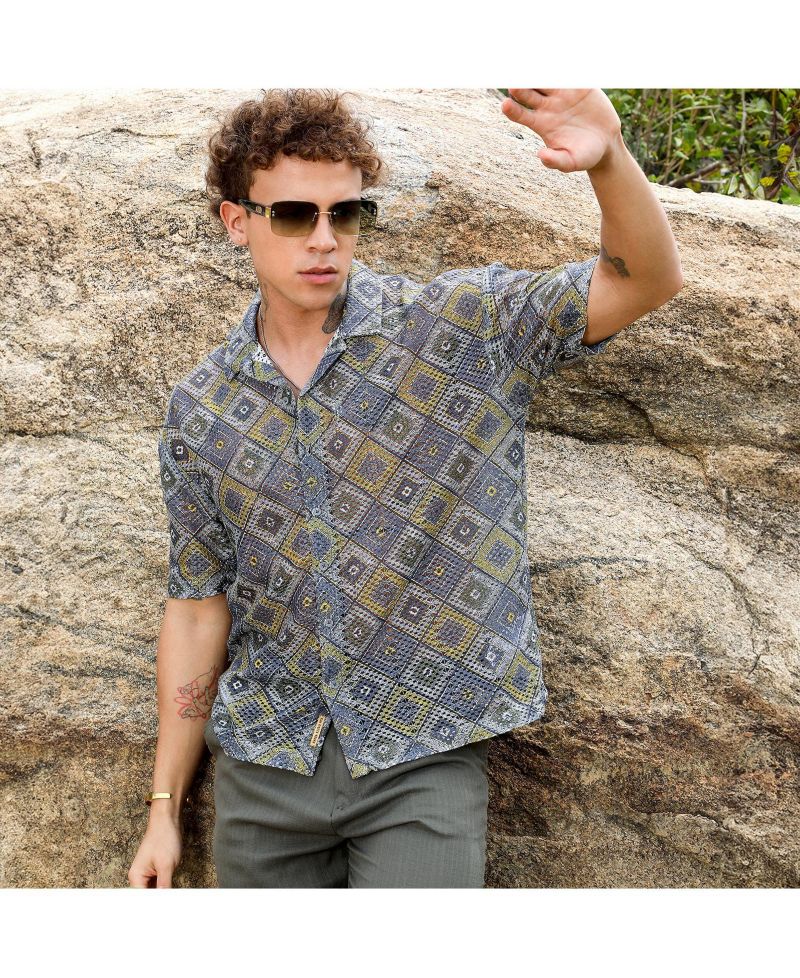 Men's Lapis Blue & Yellow Ochre Geometric Block Oversized Shirt