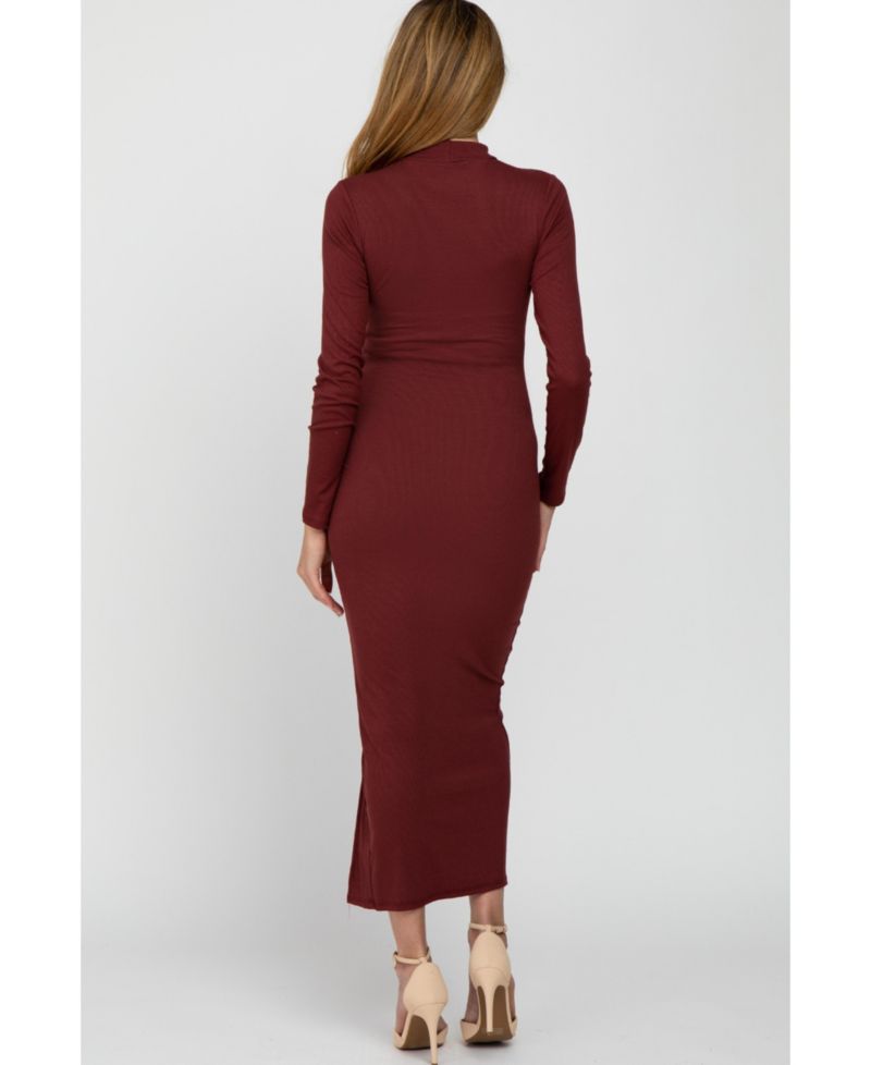 Maternity Ribbed Mock Neck Side Slit Maxi Dress