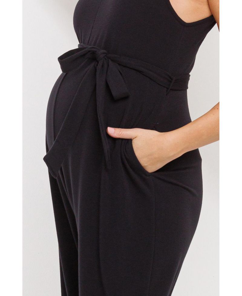 Maternity Sleeveless with Tie Waist and Adjustable Straps Jogger Jumpsuit
