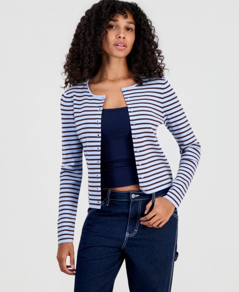Juniors' Striped Ribbed Cardigan