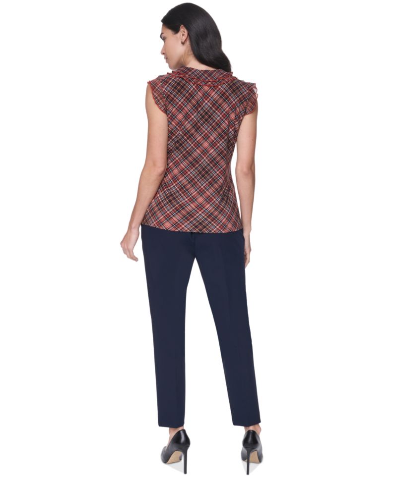 Women's V-Neck Plaid Ruffle Sleeveless Blouse