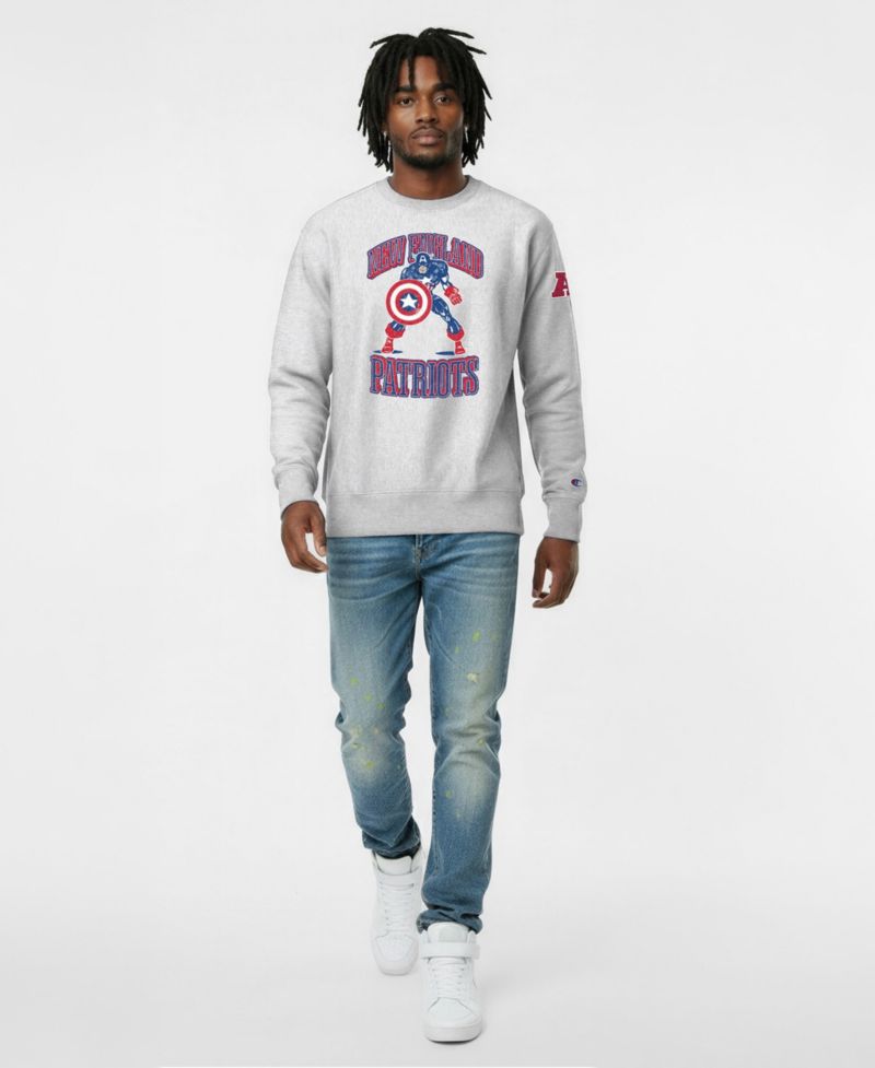 Men's Silver New England Patriots Disney X Champion Reverse Weave Fleece Crewneck Sweatshirt