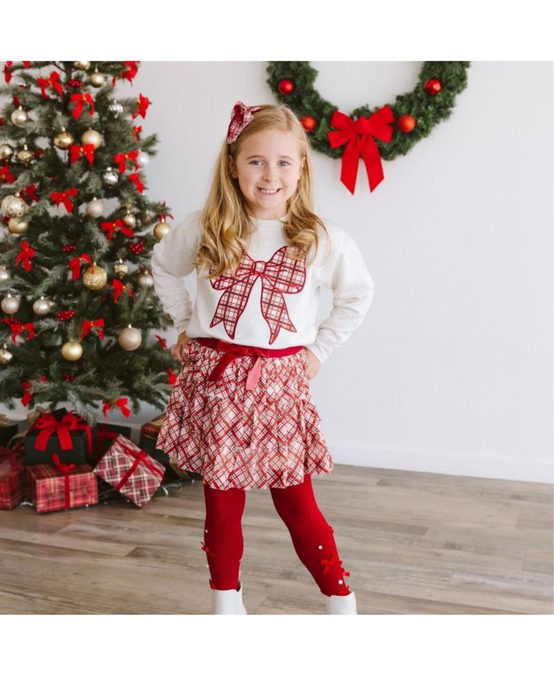 Little Girls Christmas Plaid Bow Patch Sweatshirt