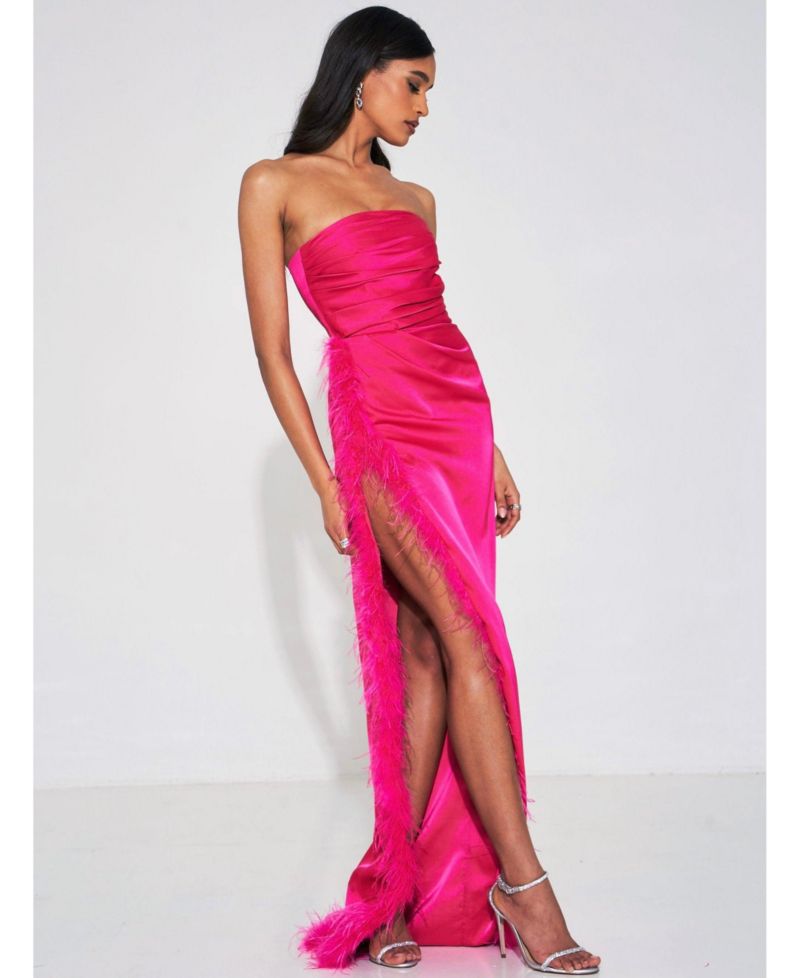 Women's Perrin Fuchsia Pink Feather Dress High Slit Gown