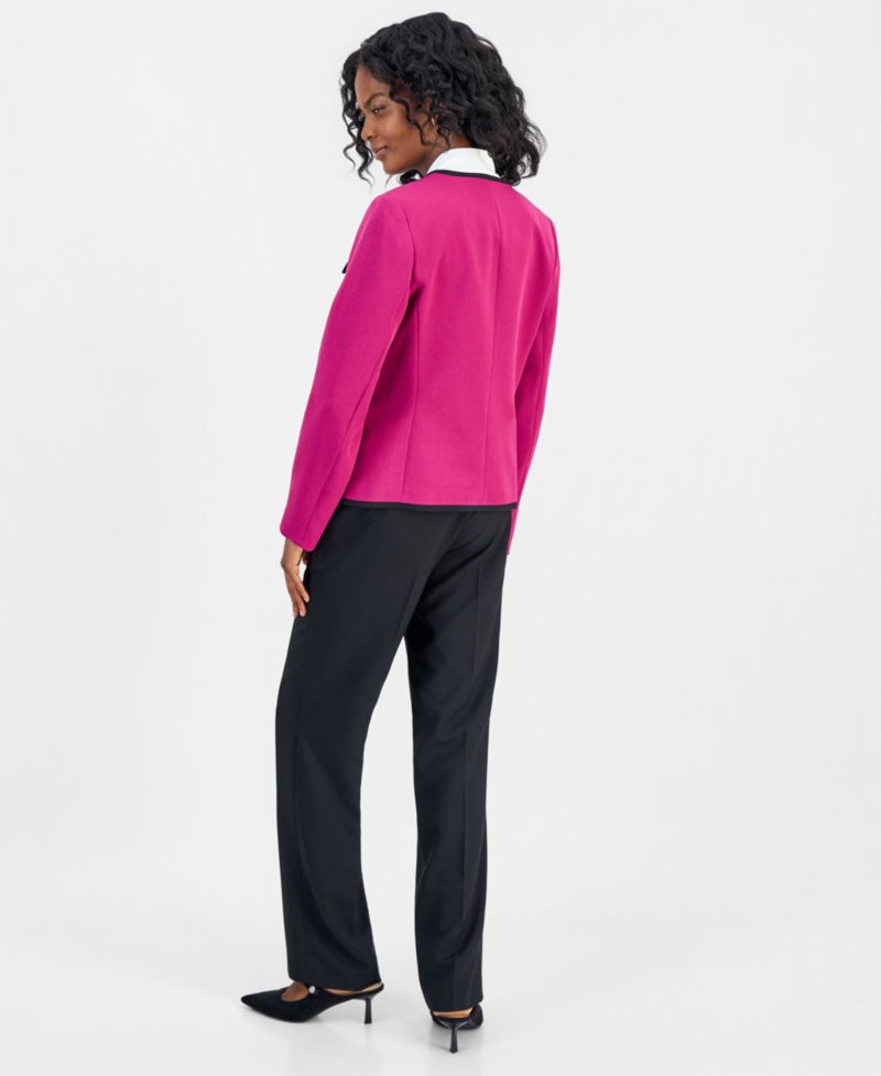 Collarless Contrast-Piping Jacket, Embellished-Neck-Tie Top & Ava Straight-Leg Pants