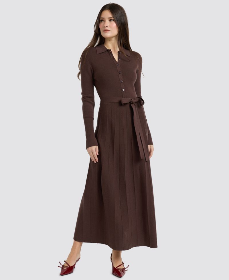 Women's Collared Button-Front Tie-Waist Pleated Knit Maxi Dress