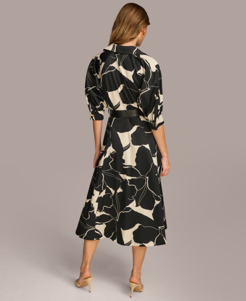Women's Printed Faux-Leather Belt Midi Shirtdress