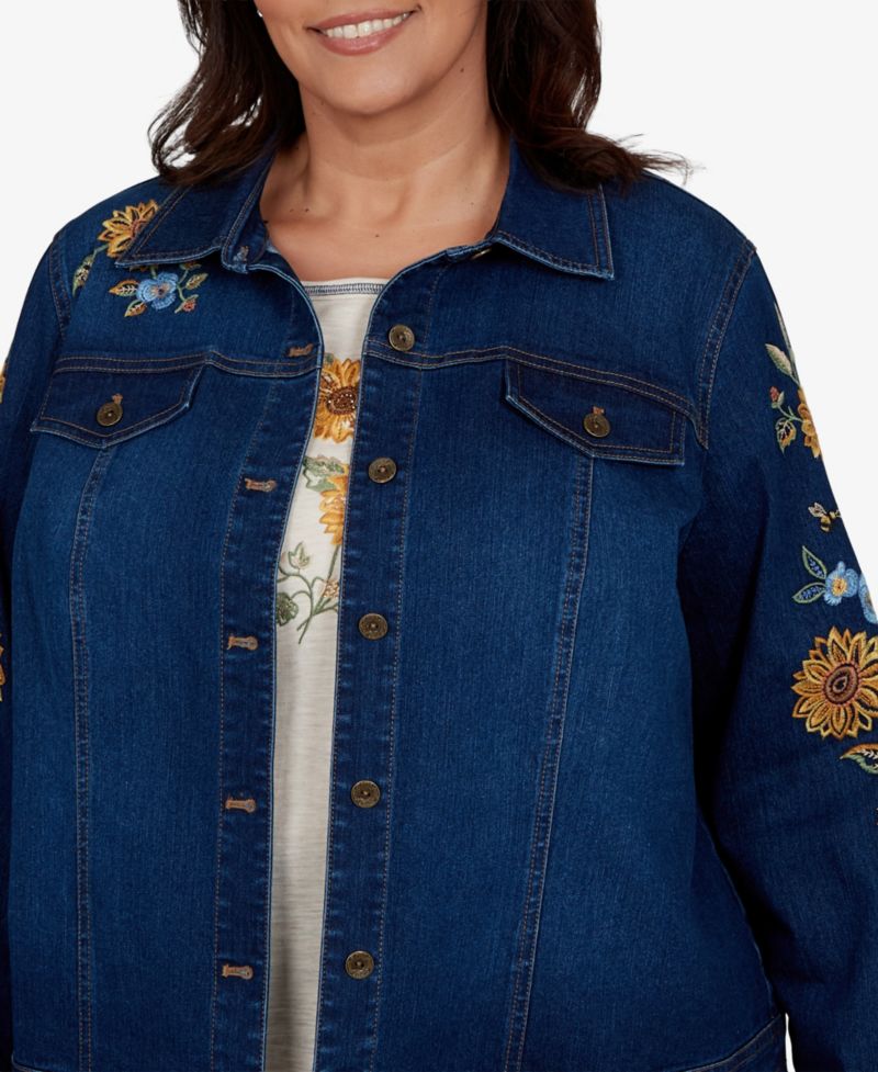 Plus Size Floral-Embroidered Denim Jacket