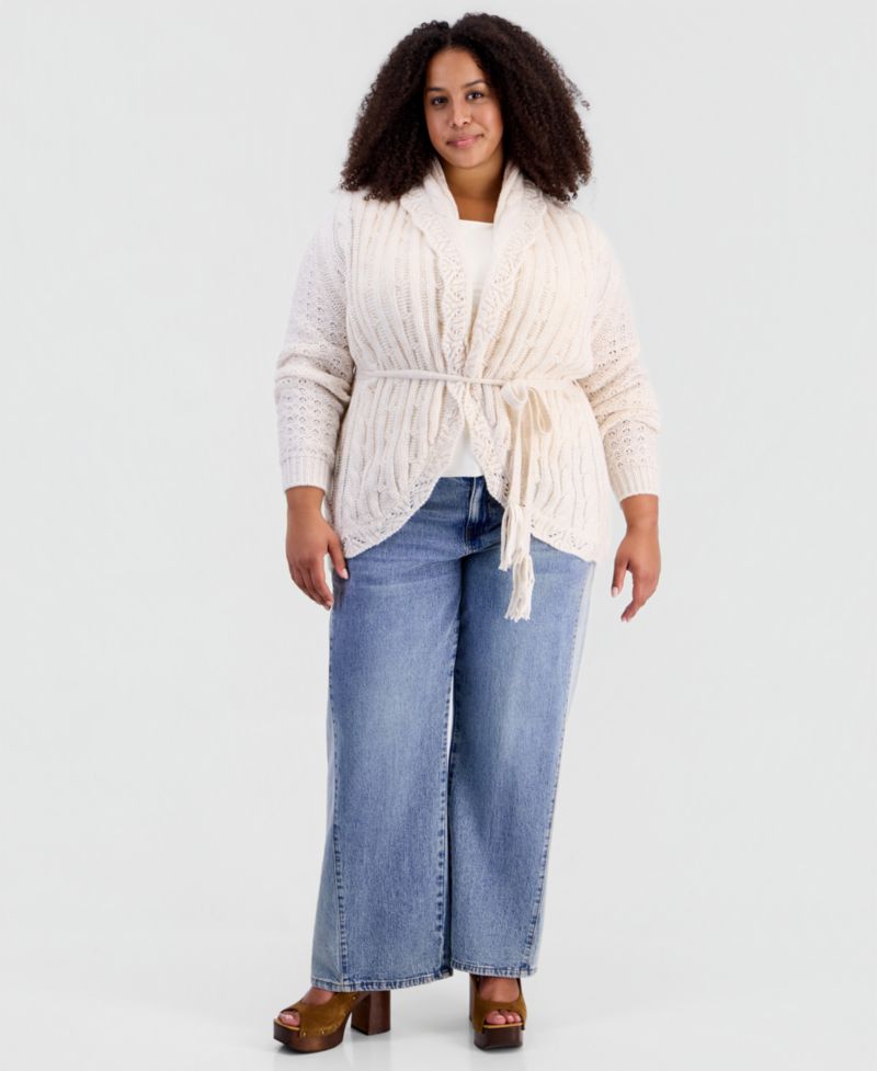 Plus size Tie Pointelle Shawl Collar Drop-Shoulder Cardigan