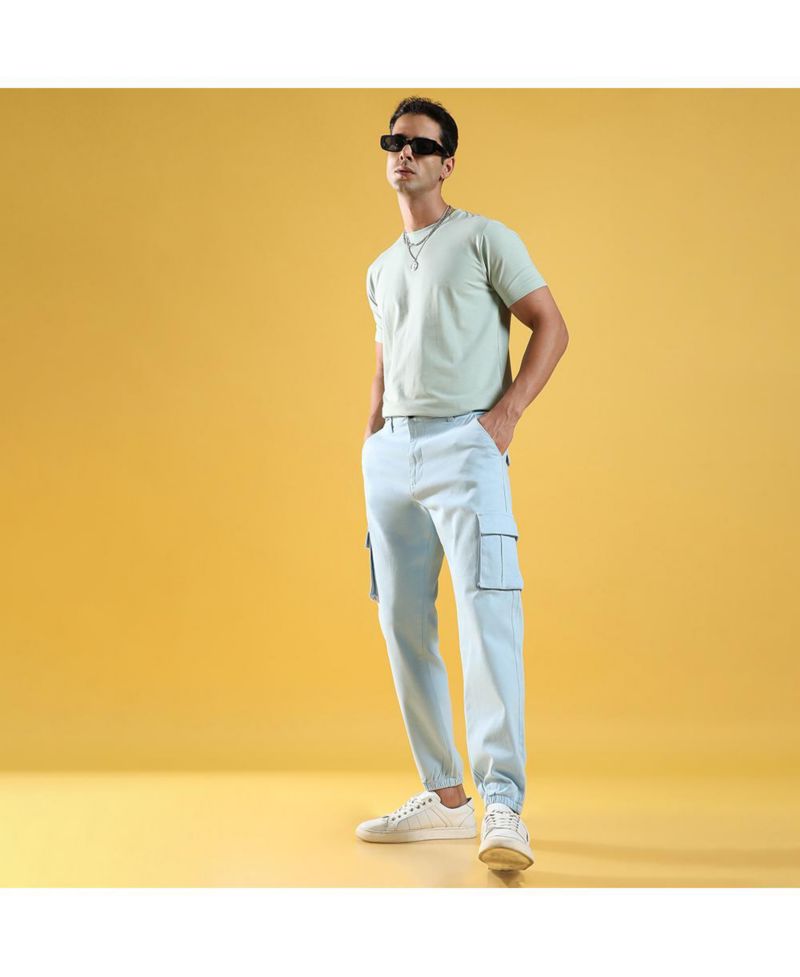Men's Light Blue Cuffed Hem Cargo Trousers