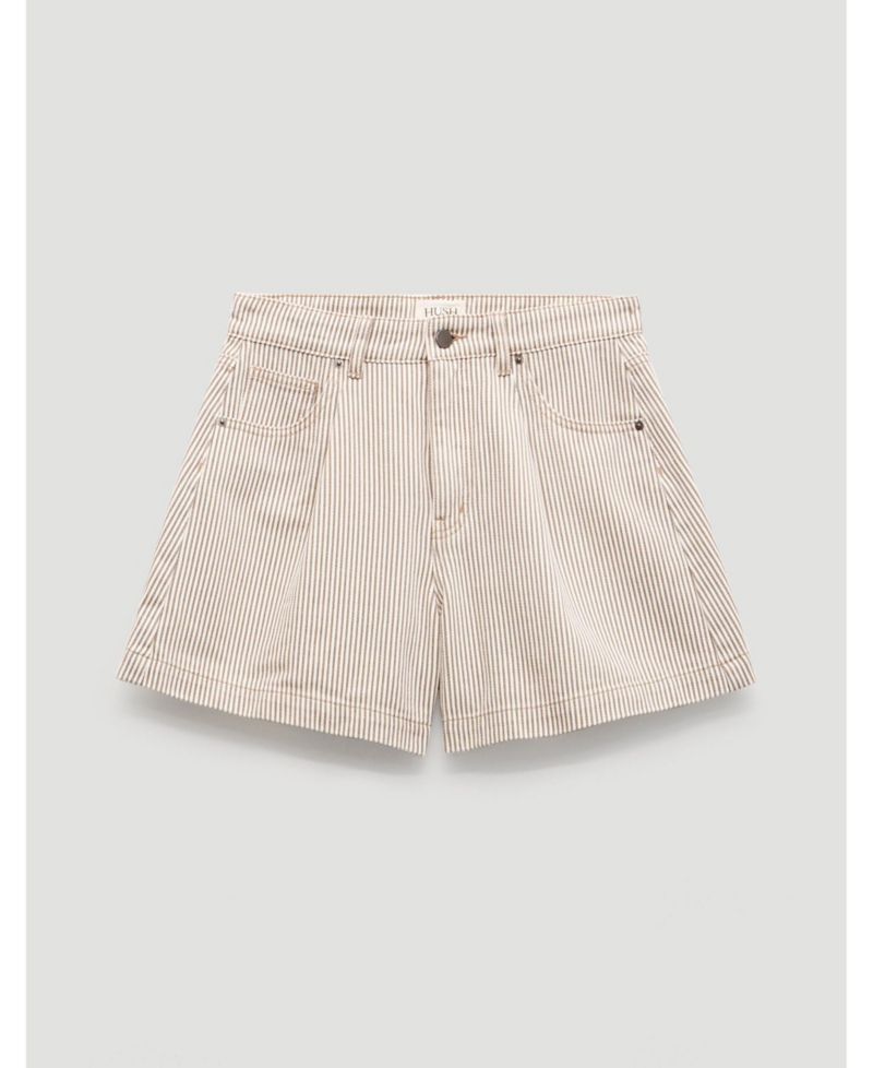 Women's Larissa High-Waisted Stripe Pleated Denim Shorts, 5" Inseam
