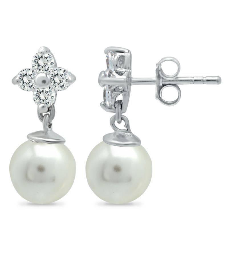 Imitation Pearl and Cluster Cubic Zirconia Drop Earrings Crafted in Silver Plate