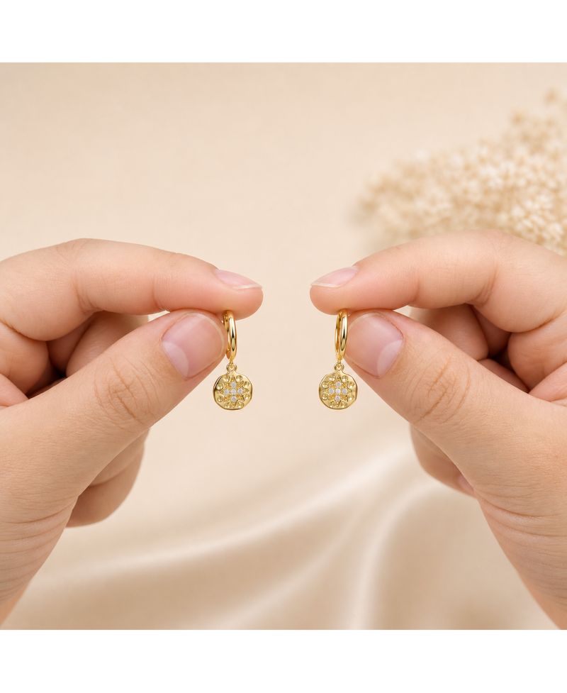 Dainty 14K Gold Plated CZ Starburst Hoop Drop Earrings