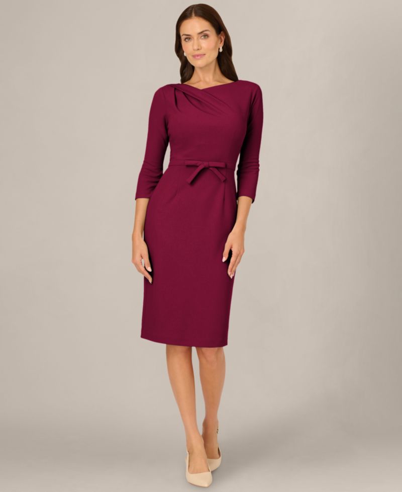 Petite Asymmetrical-Neck Bow 3/4-Sleeve Dress