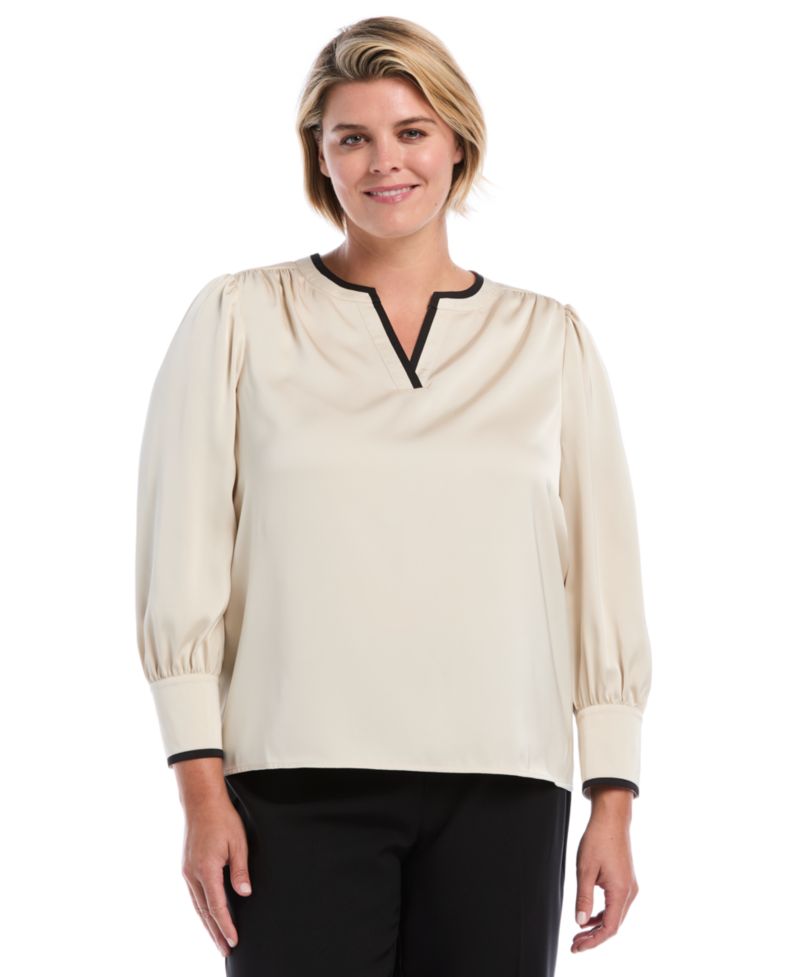 Plus Size Satin Split-Neck Long-Sleeve Blouse