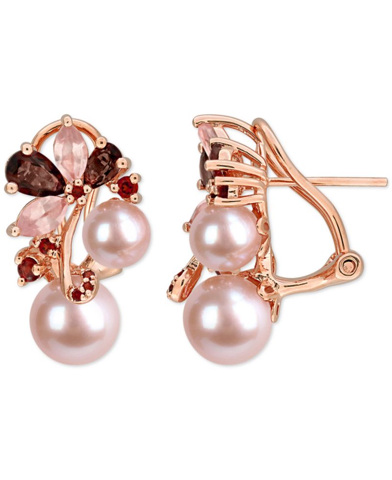 Colored Cultured Freshwater Pearl (6 & 8mm) & Multi-Gemstone (2-5/8 ct. t.w.) Cluster Earrings in 18k Rose Gold Flash-Plated Sterling Silver