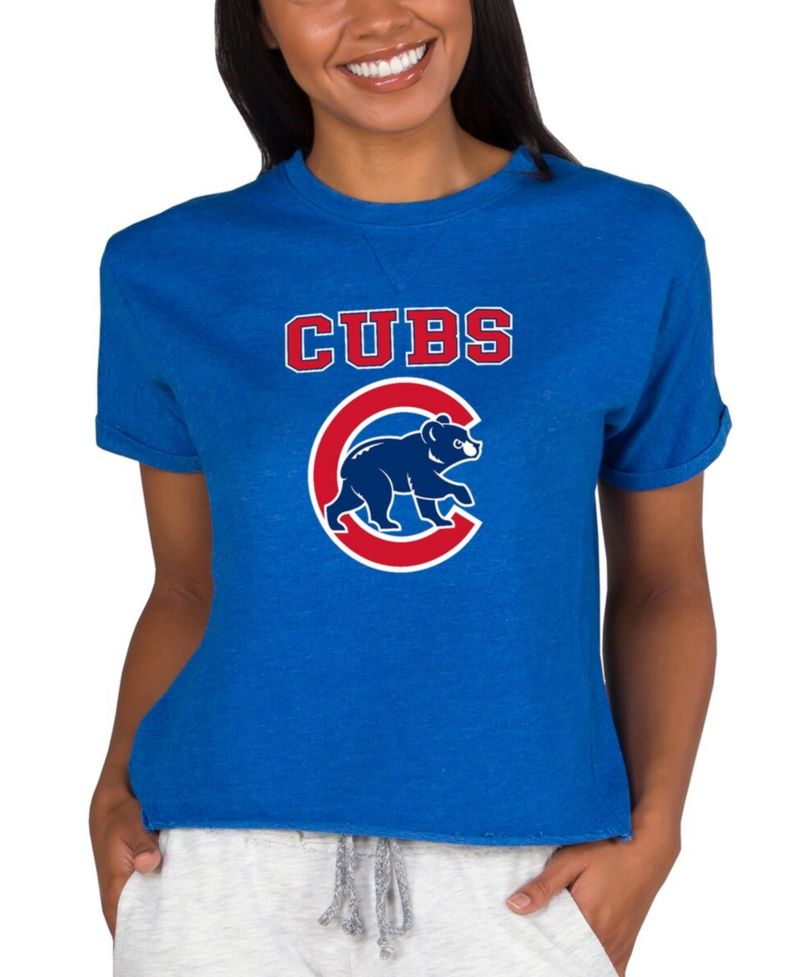 Women's Royal Chicago Cubs Tri-Blend Mainstream Terry Short Sleeve Sweatshirt Top